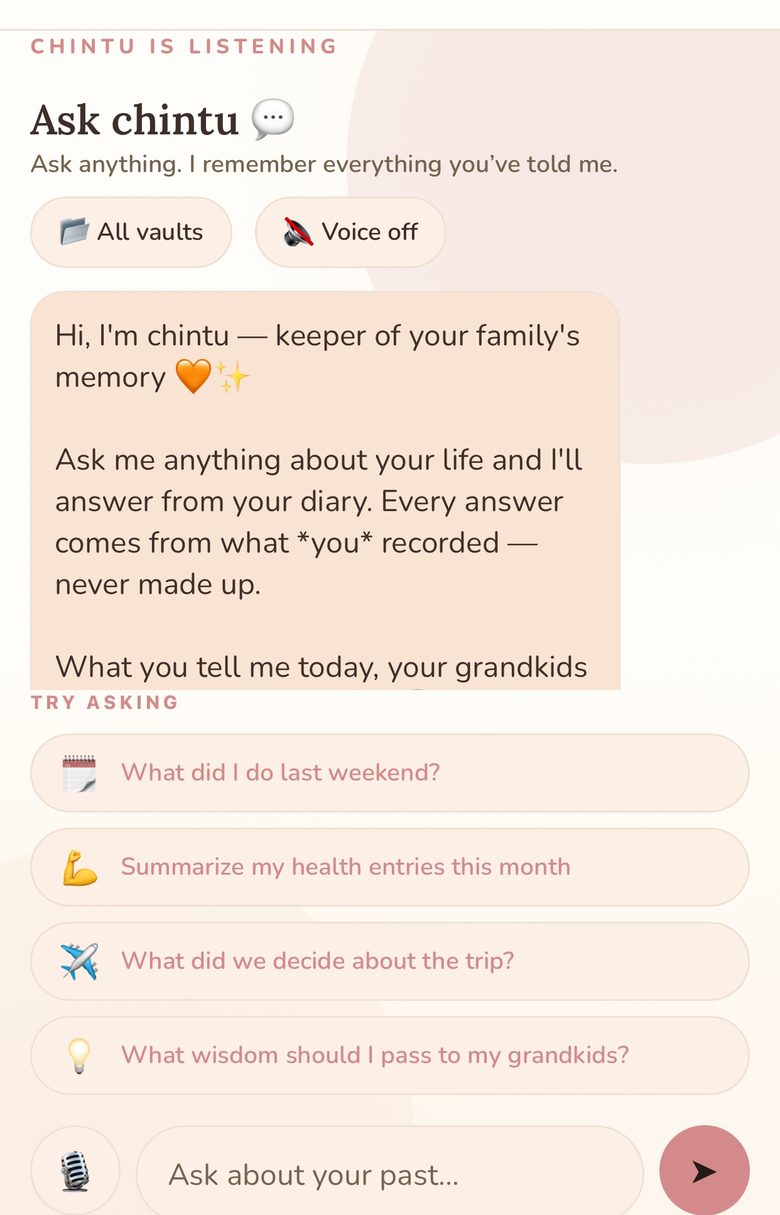 The Ask chintu screen, with questions to ask your diary