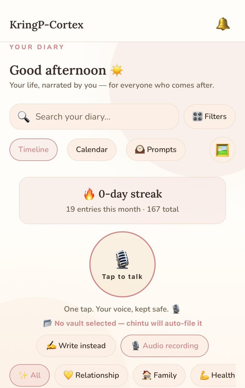 The KringP-Cortex diary home screen, with its big Tap to talk button