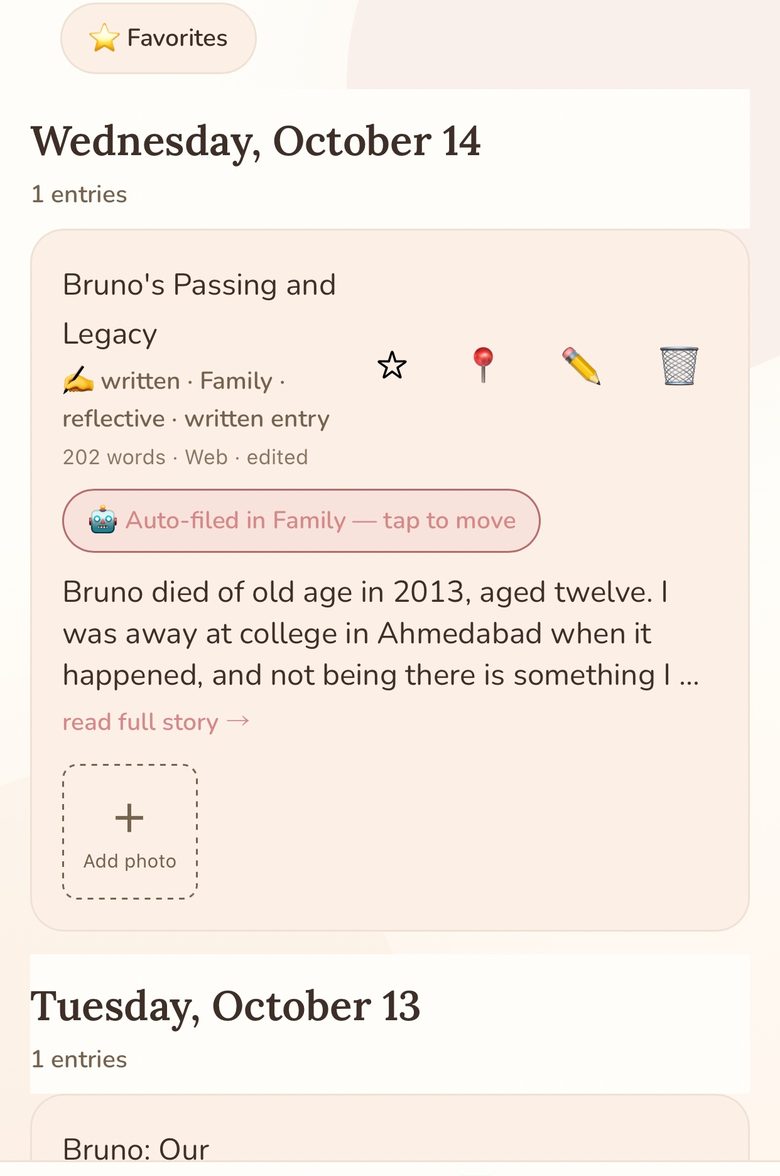 The diary timeline — entries written down, dated, and searchable