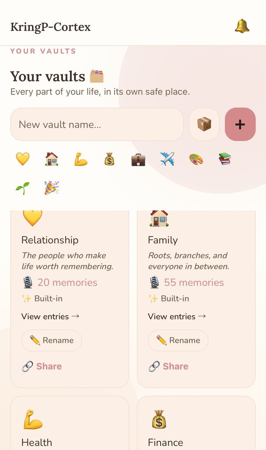 The KringP-Cortex vaults screen — Relationship, Family, Health and Finance vaults