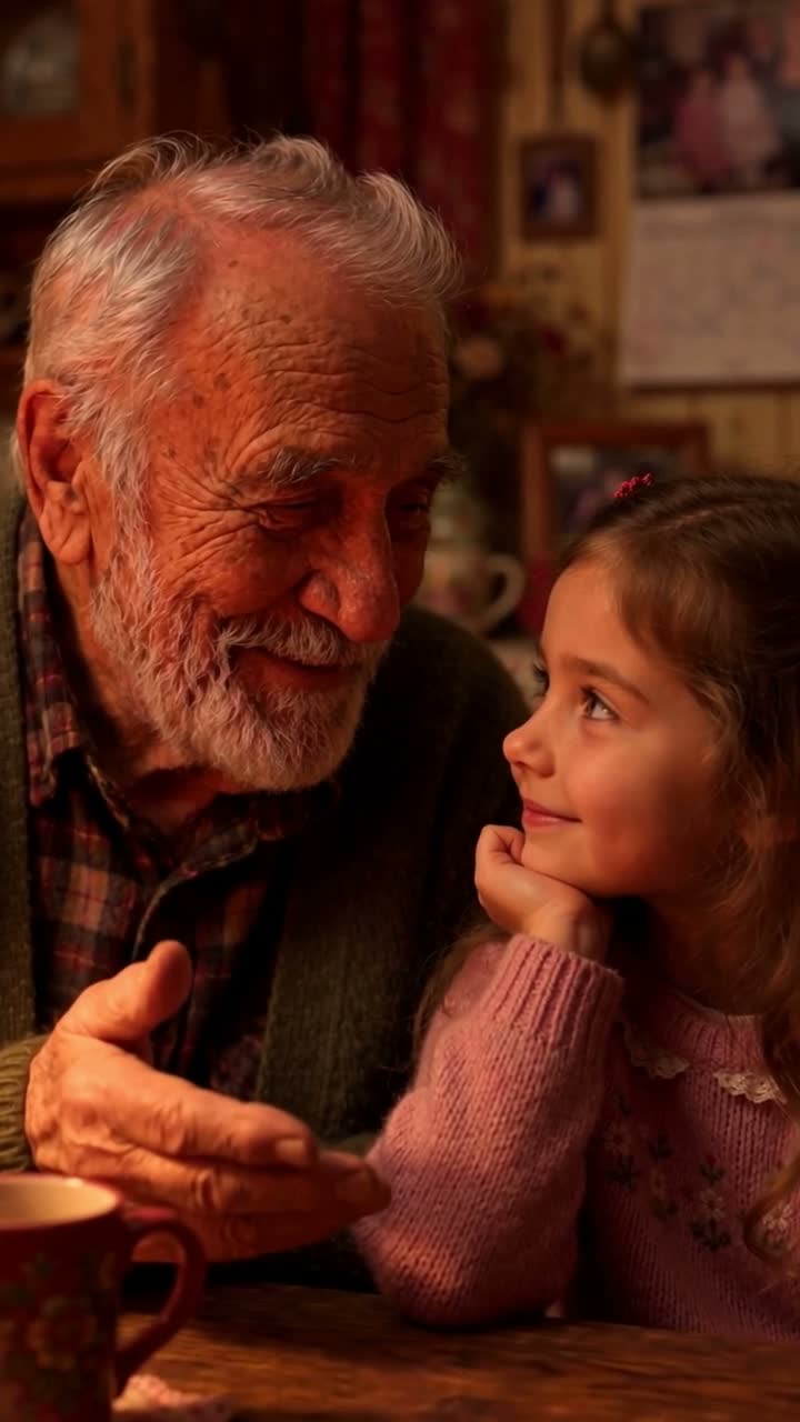 A grandfather telling a story to his granddaughter at a kitchen table