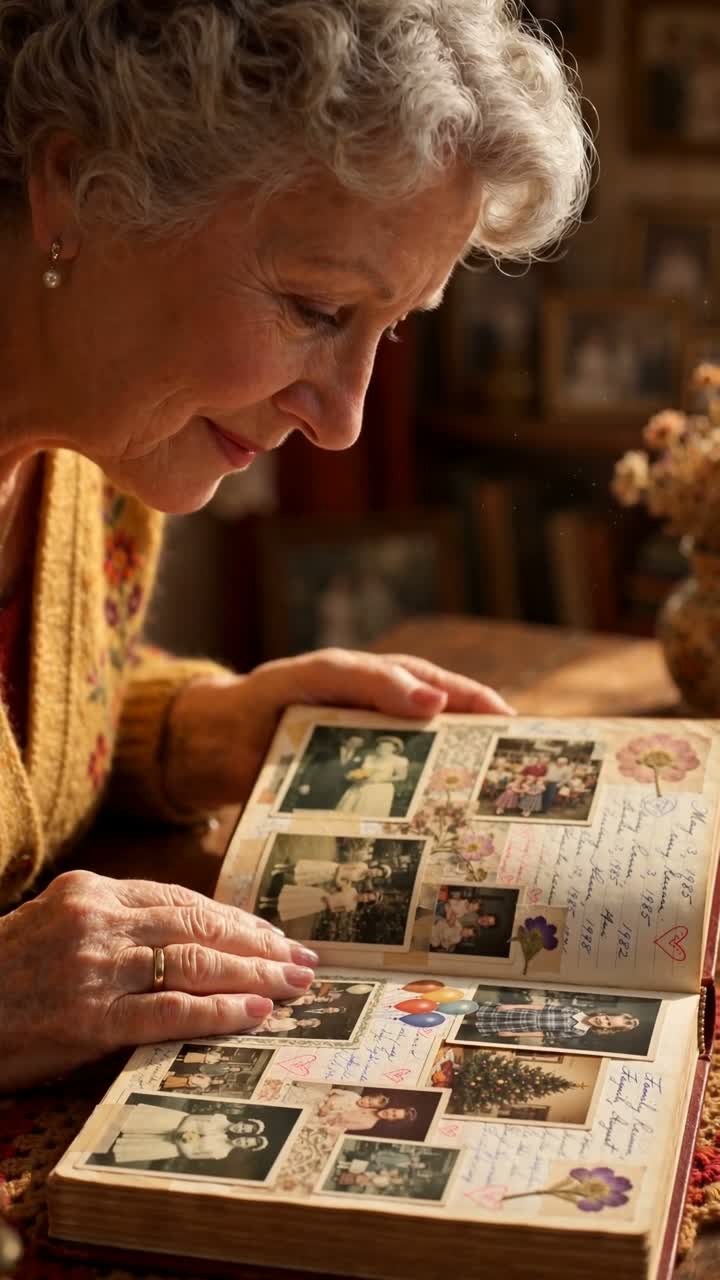 A grandmother smiling over a photo album filled with family pictures